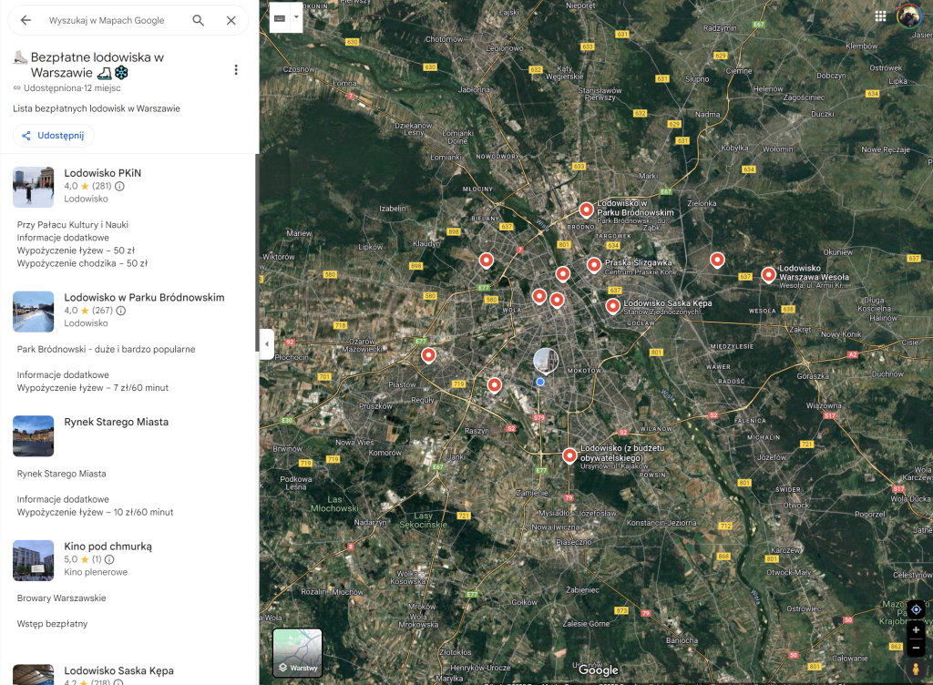 Lista bezpłatnych lodowisk w Warszawie, dostępna jako lista Google Maps pod adresem https://maps.app.goo.gl/XBjWDRvfnGLi3qiq5. Fot. Piotr Galas/malachmurka.pl i Google Maps