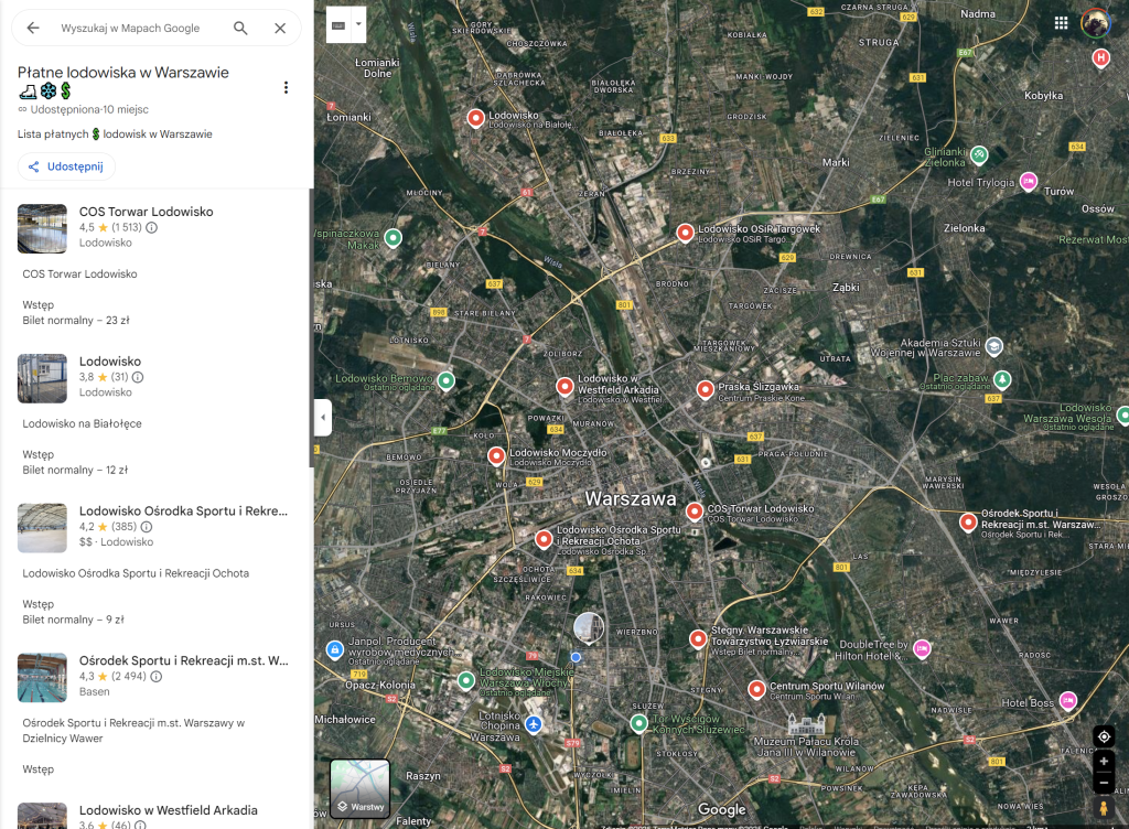 Lista płatnych lodowisk w Warszawie, dostępna jako lista Google Maps pod adresem https://maps.app.goo.gl/dPVsFhRS4E8uayeU7. Fot. Piotr Galas/malachmurka.pl i Google Maps